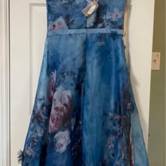 NEW Marchesa Notte 3D FLORAL SLEEVELESS PRINTED ORGANZA MIDI DRESS IN BLUE - Picture 5 of 8